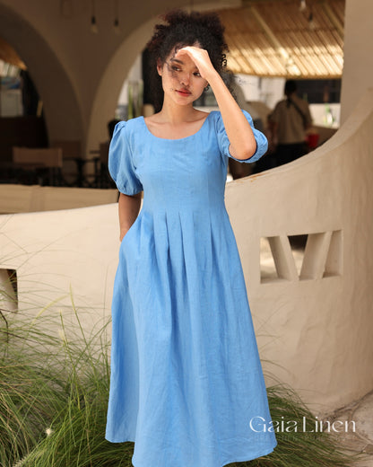 Linen midi dress puff sleeve