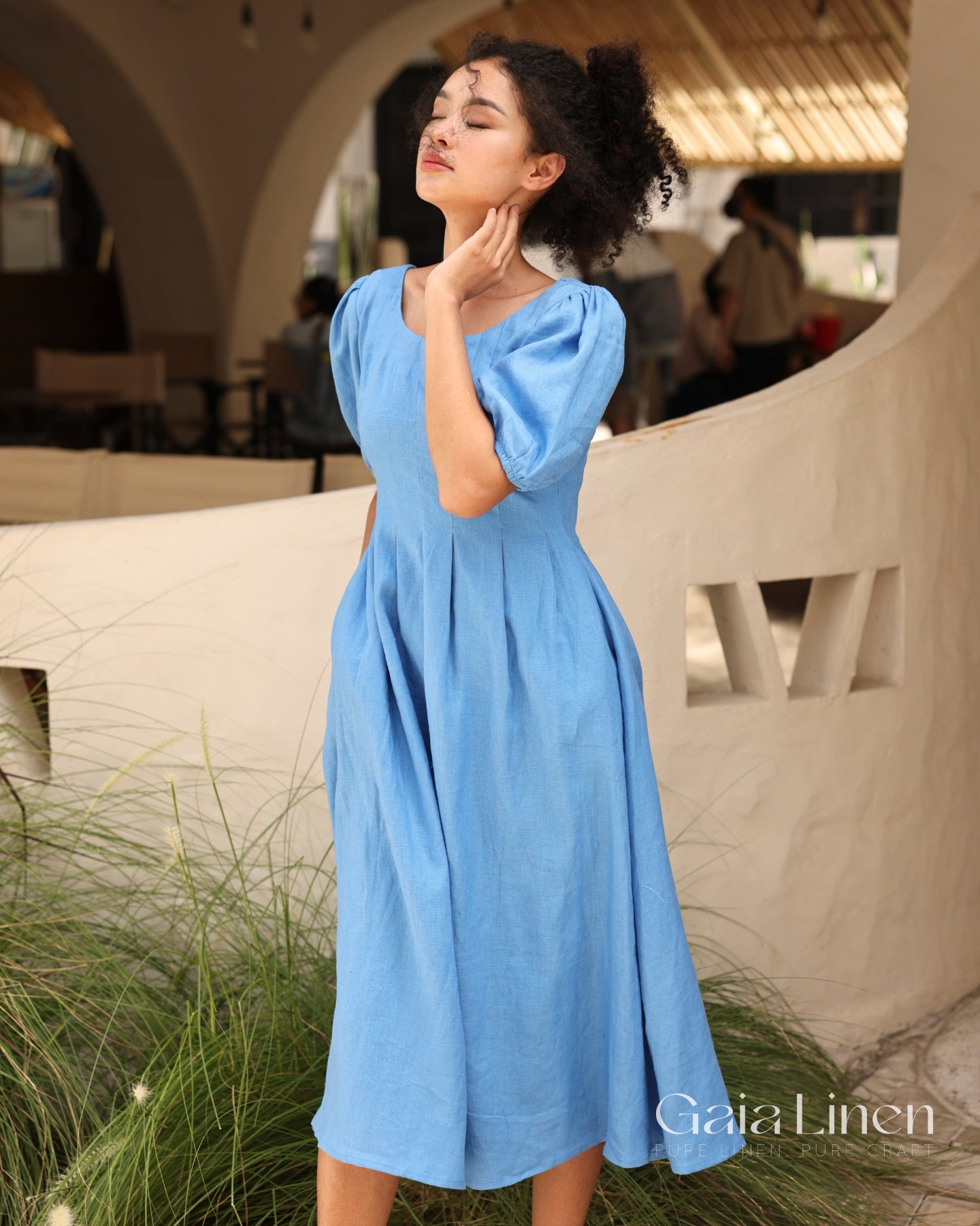 Linen midi dress puff sleeve