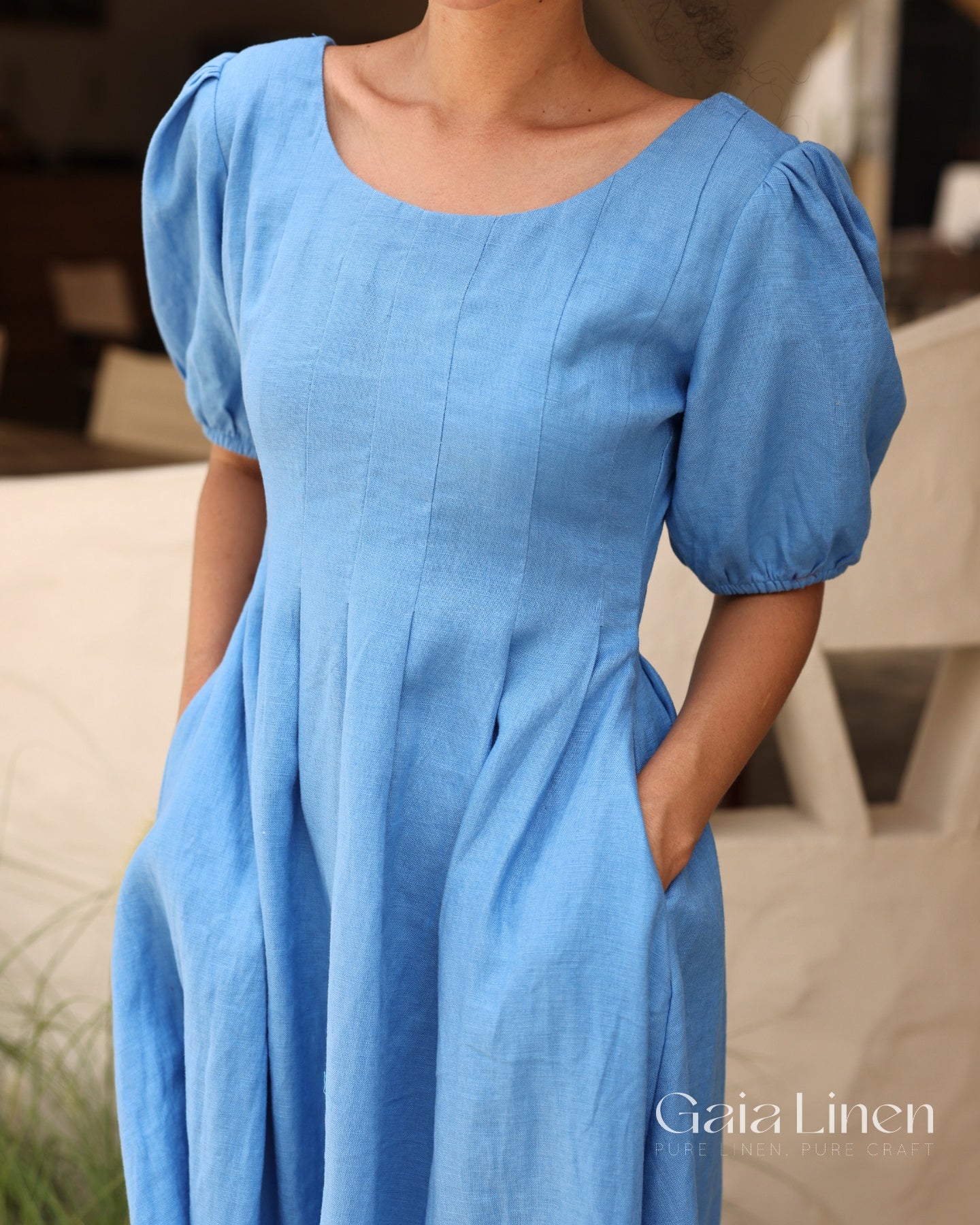 Linen midi dress puff sleeve