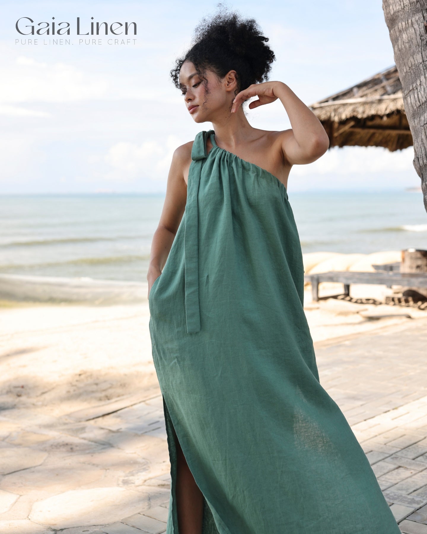 Linen one-shoulder maxi dress