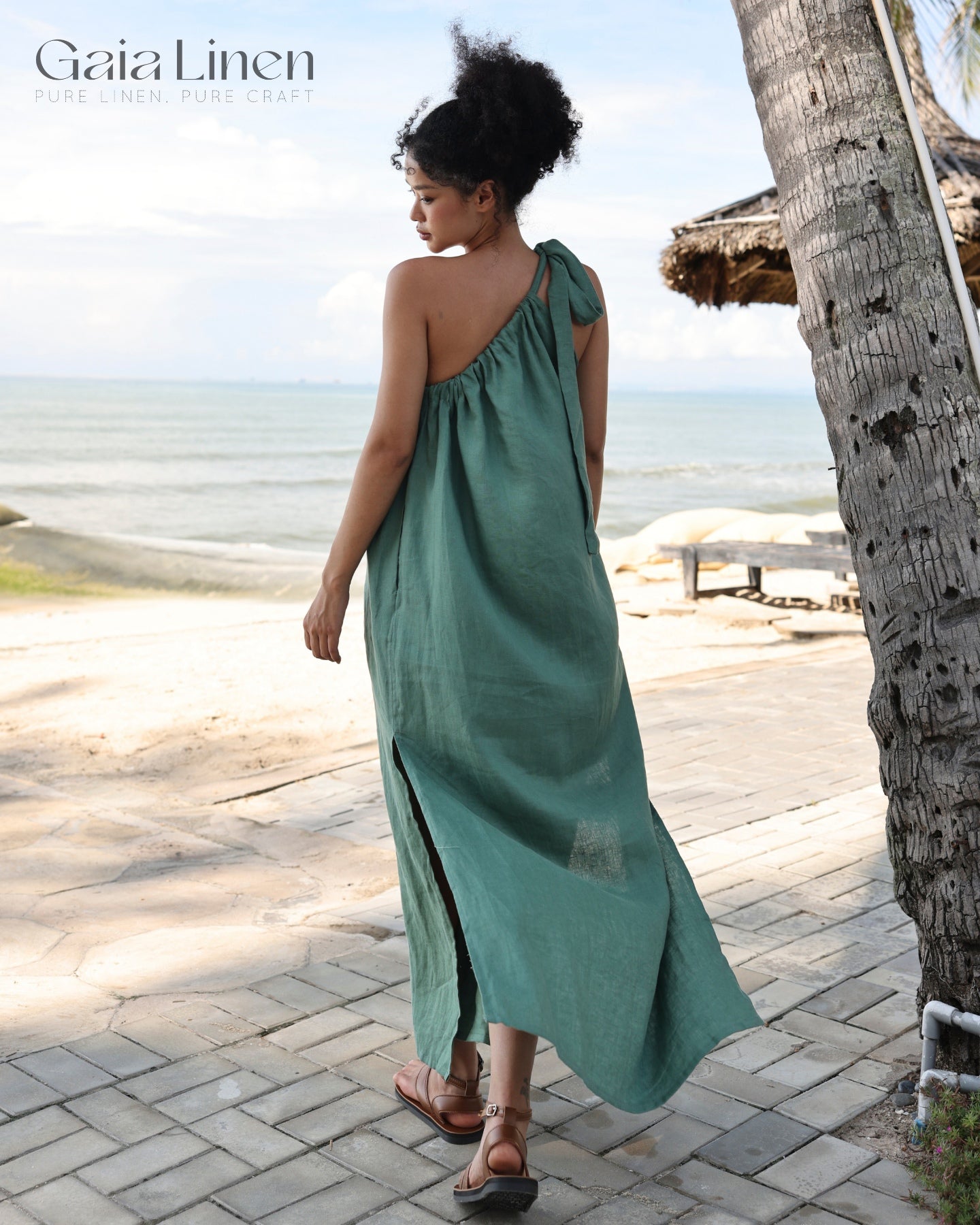 Linen one-shoulder maxi dress