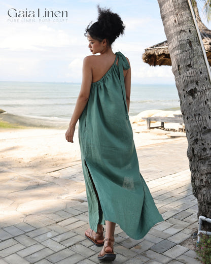 Linen one-shoulder maxi dress