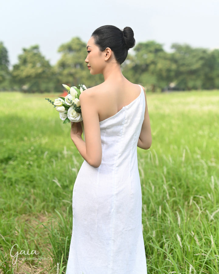 Linen one shoulder wedding dress