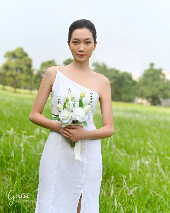 Linen one shoulder wedding dress