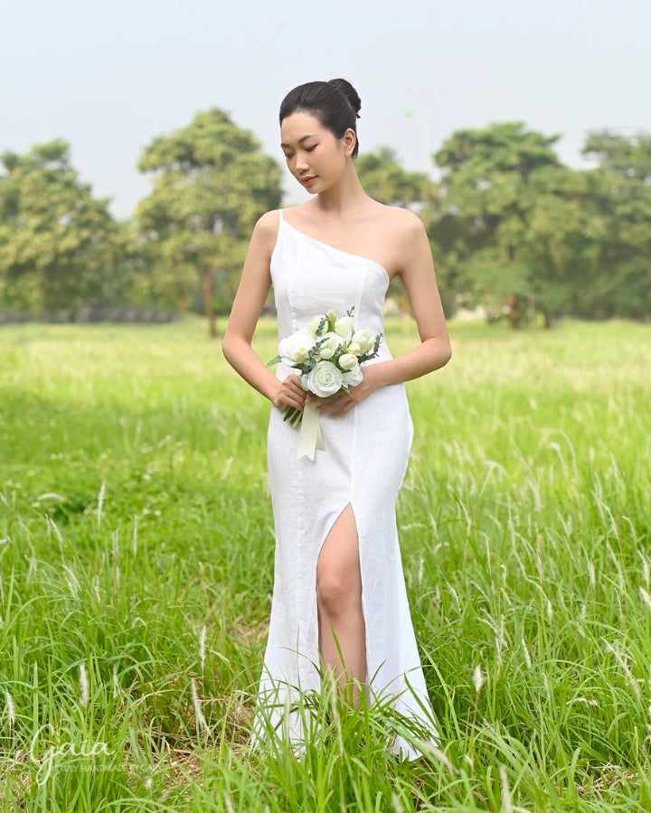 Linen one shoulder wedding dress