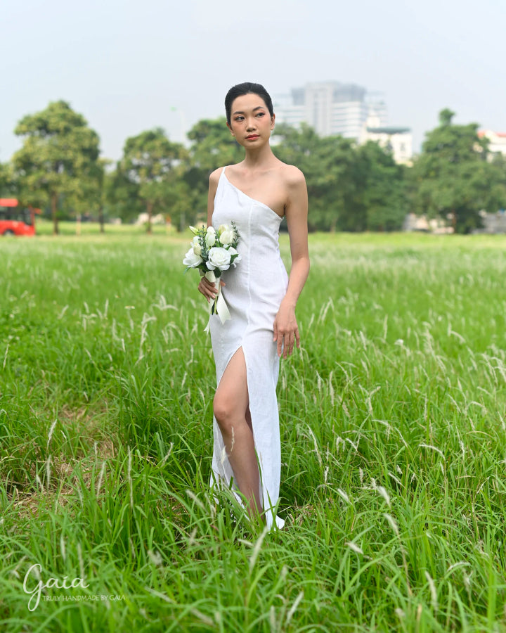 Linen one shoulder wedding dress