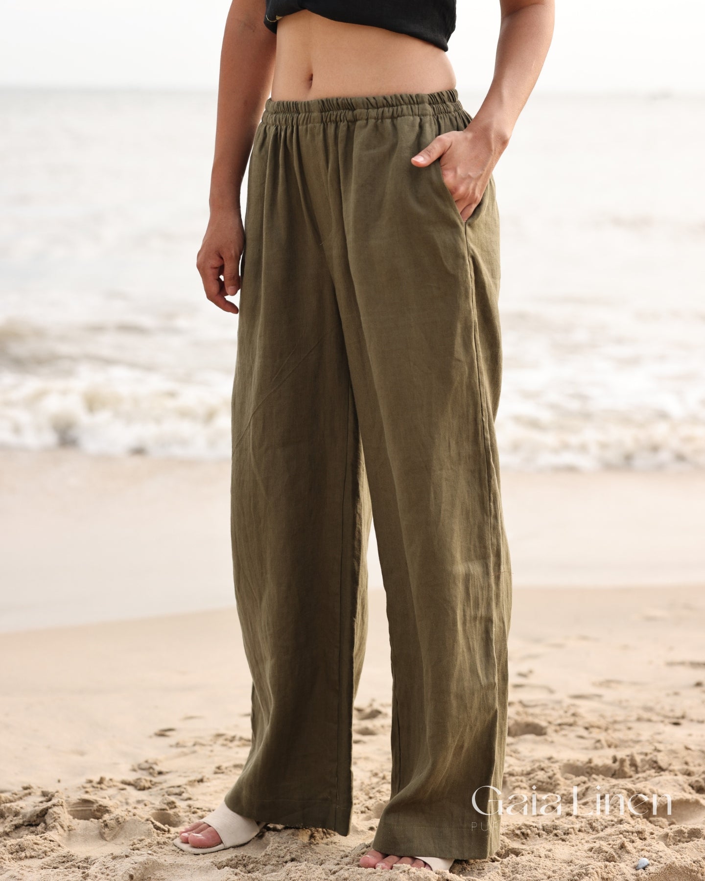 Linen pants with elastic waistband