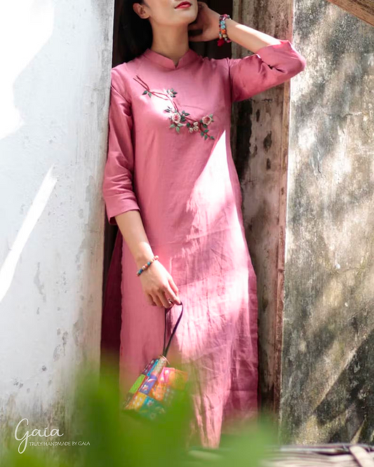 Linen pink Vietnamese dress with handmade embroidery