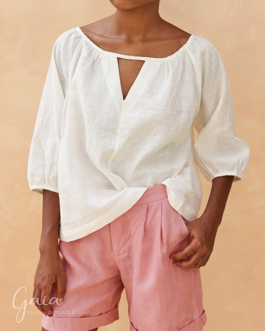 Linen puffed sleeve top