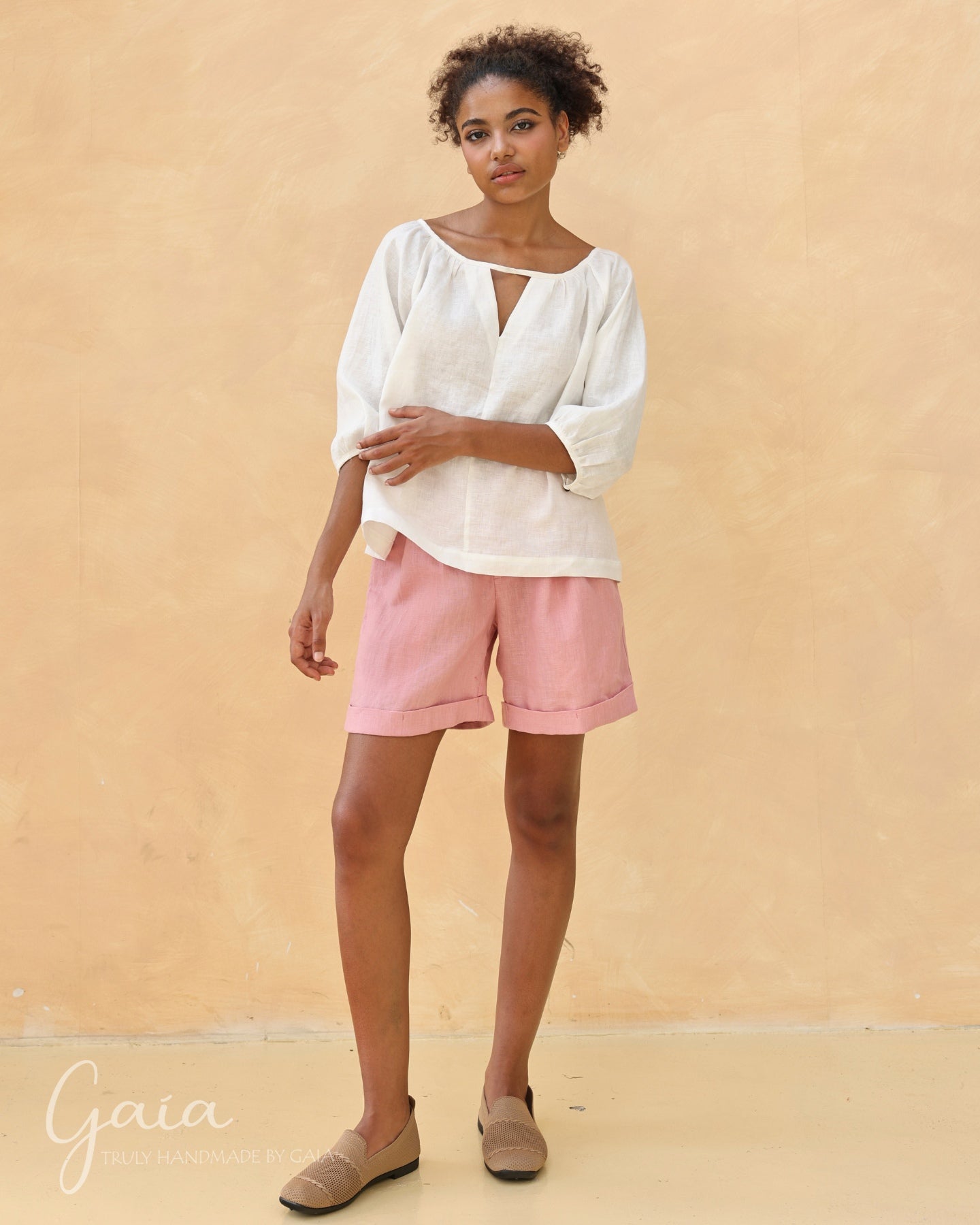 Linen puffed sleeve top