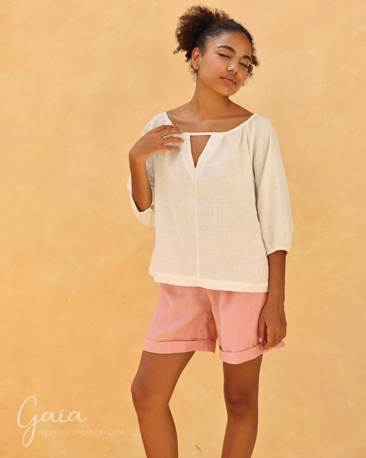 Linen puffed sleeve top