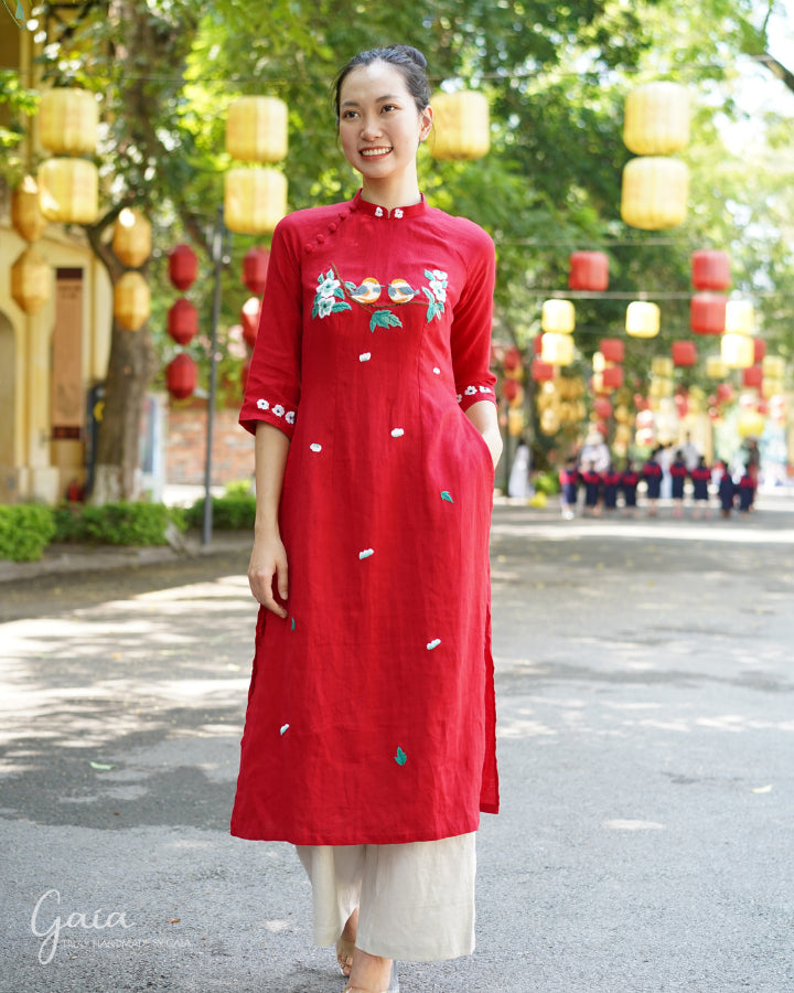 Linen red vietnamese wedding dress