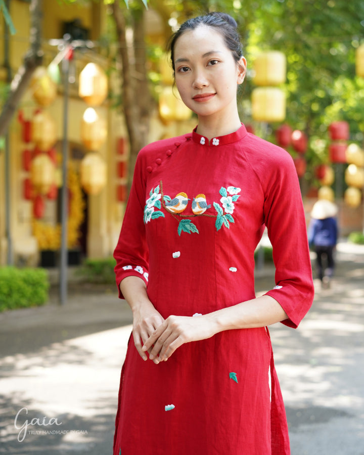 Linen red vietnamese wedding dress