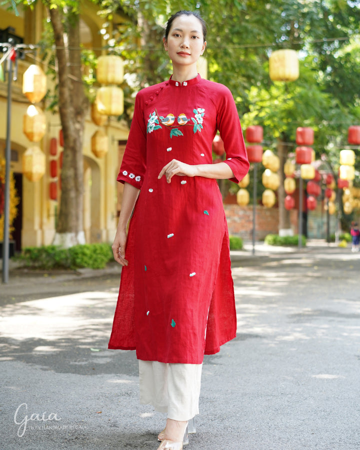 Linen red vietnamese wedding dress