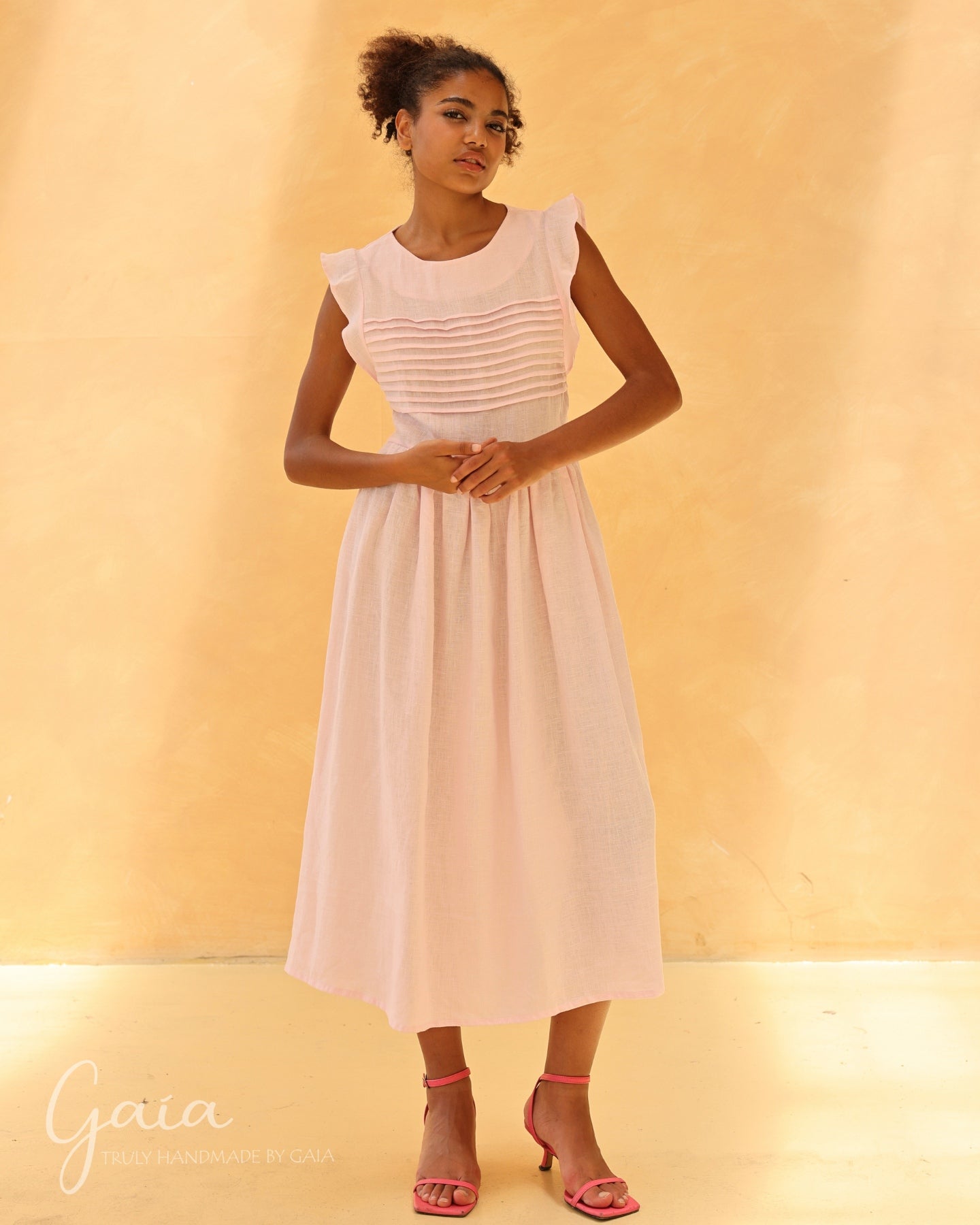 Linen ruffle midi dress