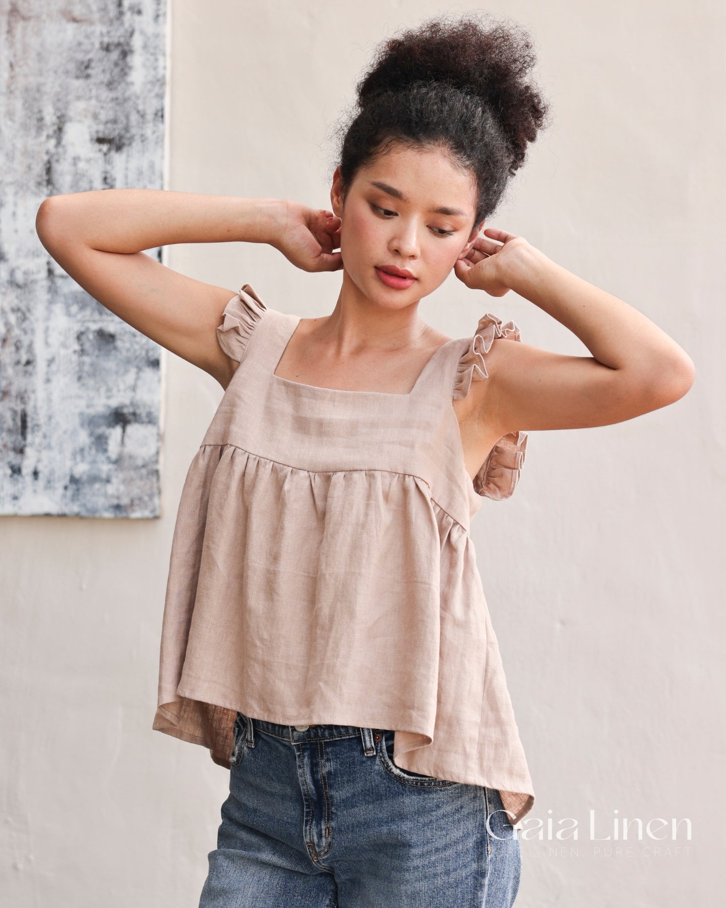 Linen ruffle trim top