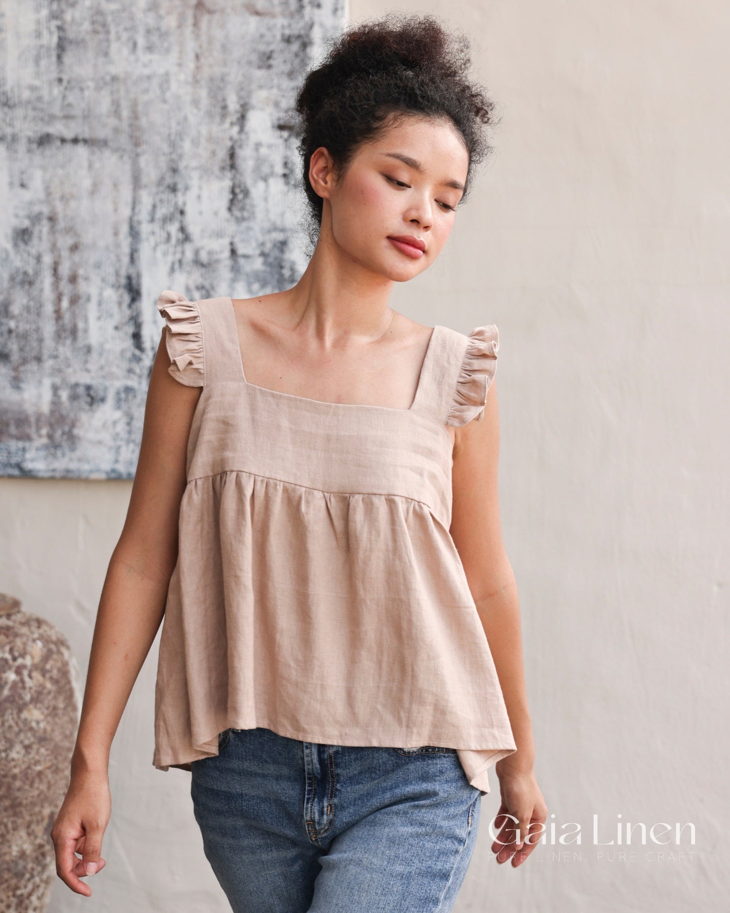 Linen ruffle trim top