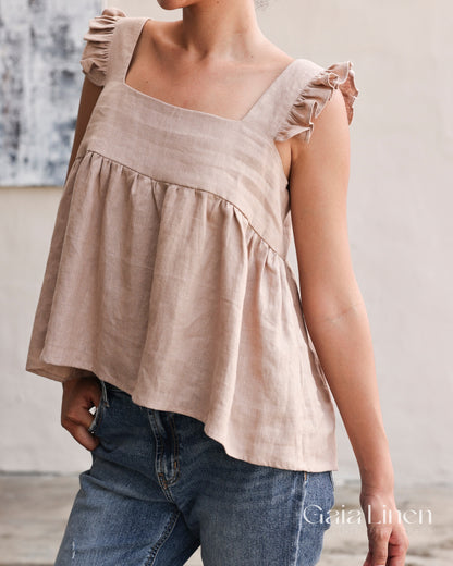 Linen ruffle trim top