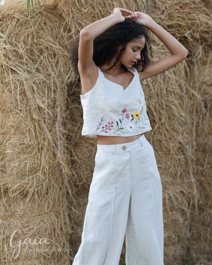 Hand-embroidered linen set pants and top