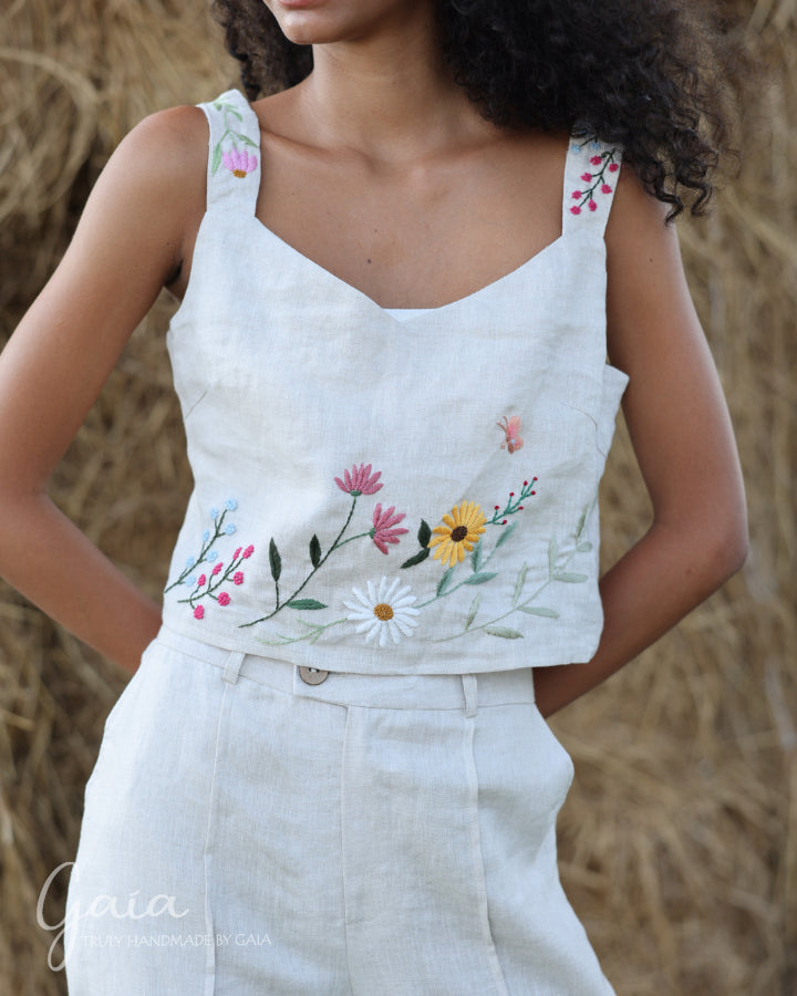 Hand-embroidered linen set pants and top