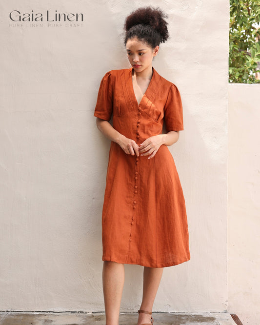 Linen short sleeve V-neck dress