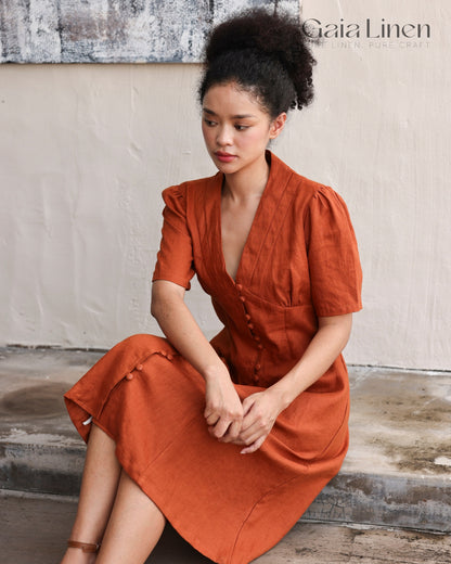 Linen short sleeve V-neck dress