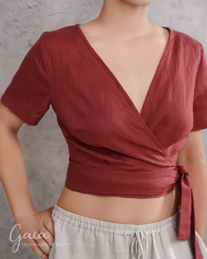 Linen short sleeve yoga wrap crop top