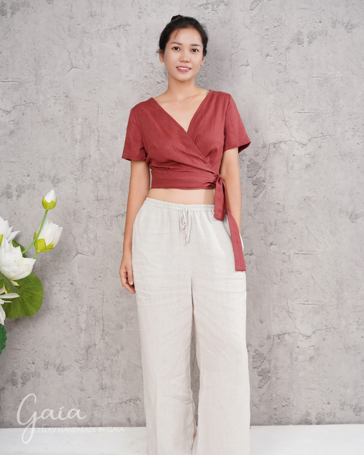 Linen short sleeve yoga wrap crop top