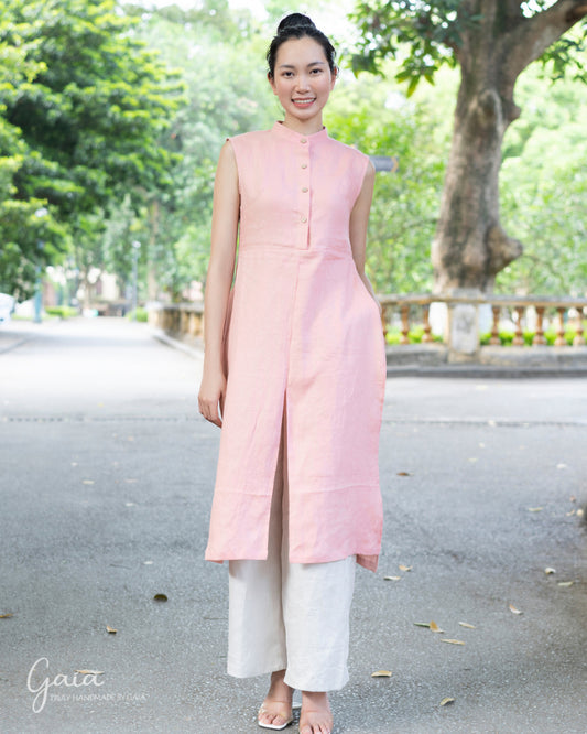 Linen sleeveless traditional Vietnamese dress female