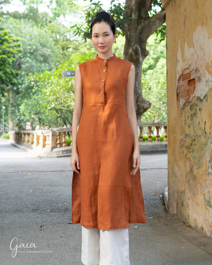 Linen sleeveless traditional Vietnamese dress female