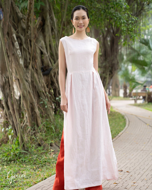 Linen sleeveless Vietnam woman traditional dress