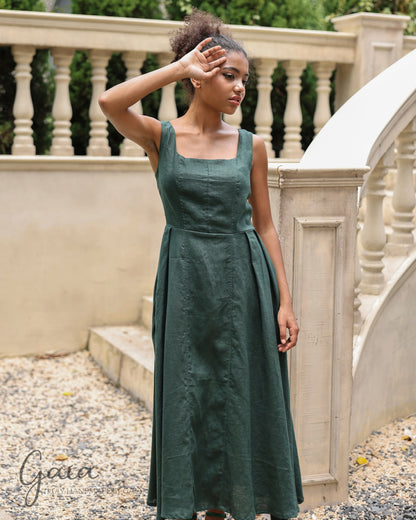 Linen square neck sleeveless dress