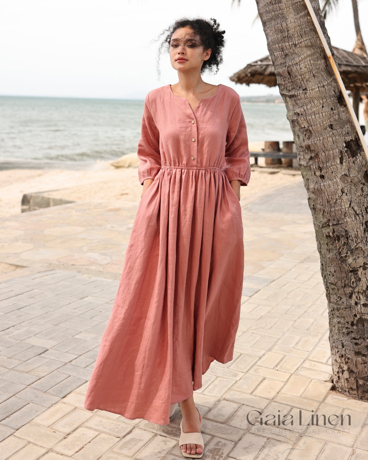 Linen V-neck wedding guest dress