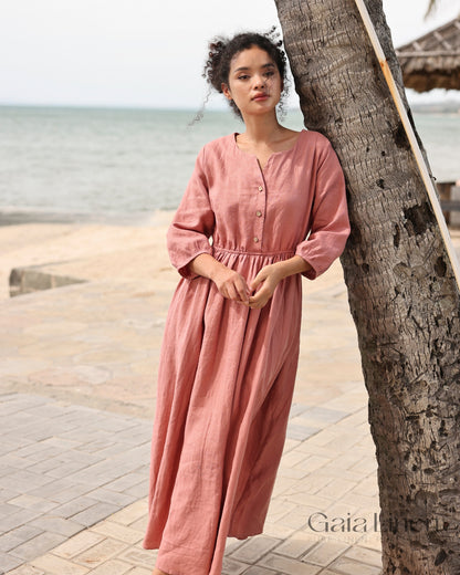 Linen V-neck wedding guest dress