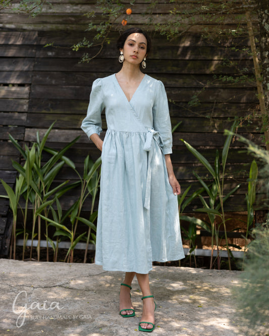 Linen V-neck wrap dress