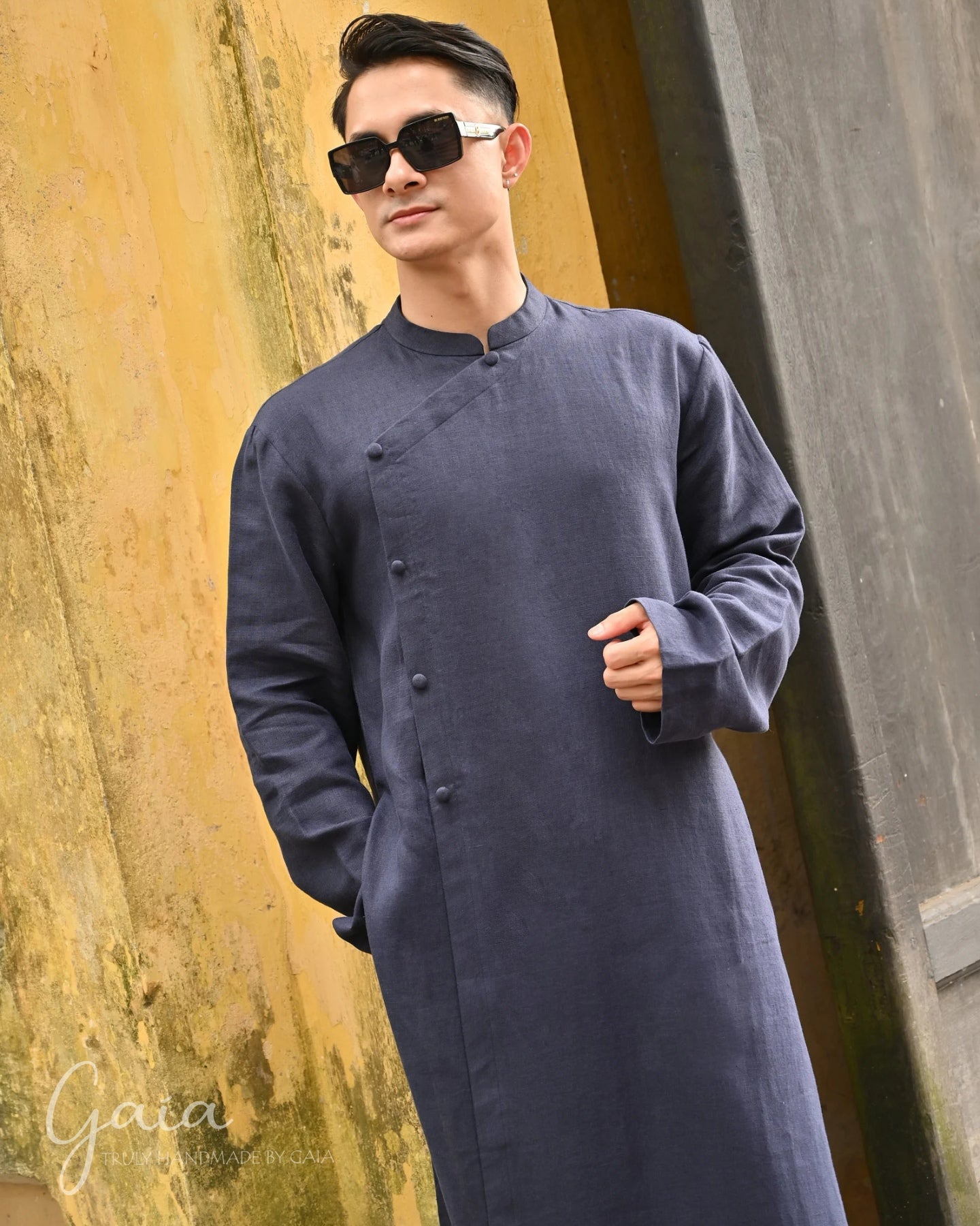 Linen Vietnamese long dress men Linen Vietnamese long dress men
