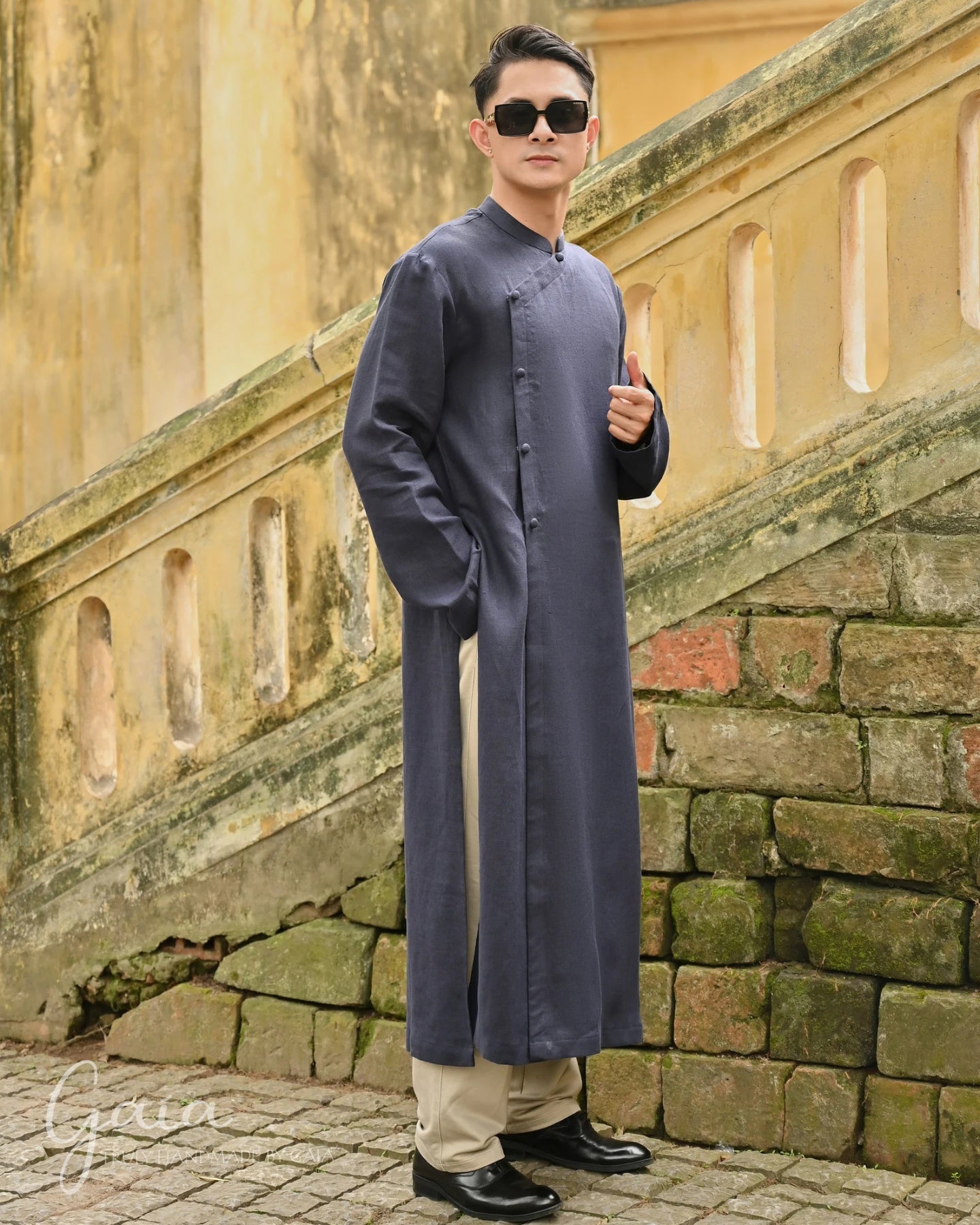 Linen Vietnamese long dress men – MadebyGaia - Main Image