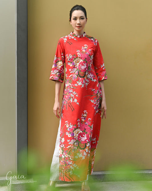 Linen floral Vietnamese red wedding dress