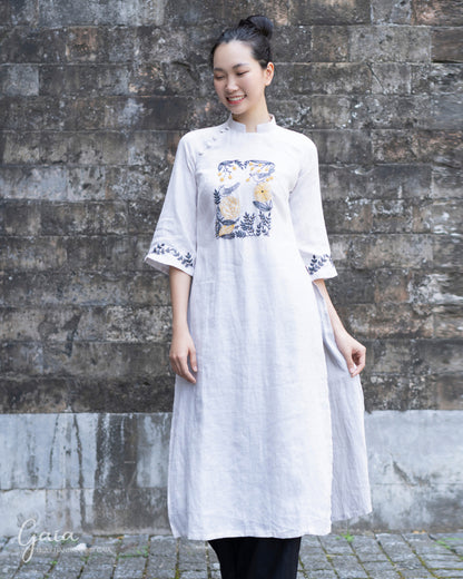 Linen Vietnamese white wedding dress