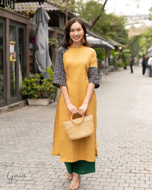 Linen Vietnamese yellow dress