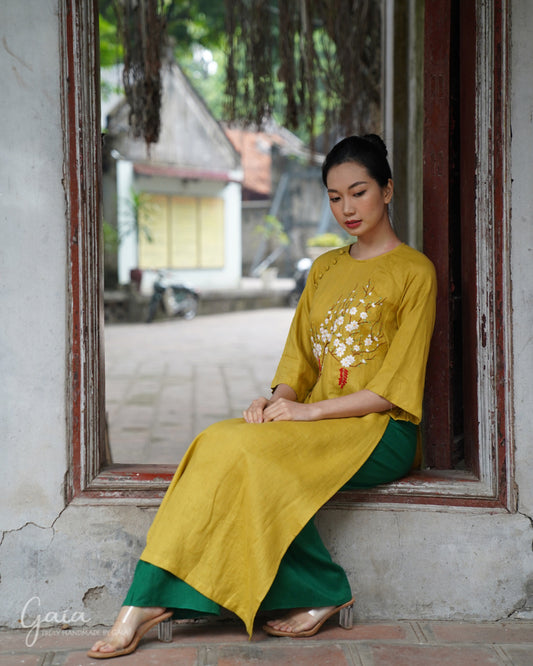 Linen Vietnamese yellow dress