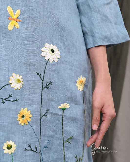 Linen wildflower hand embroidered dress