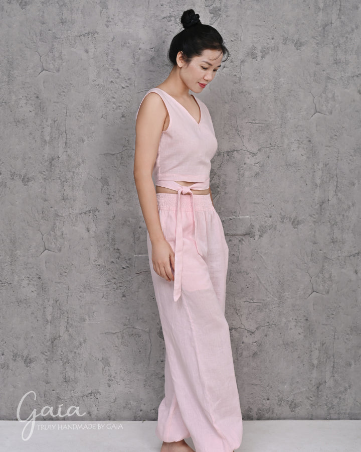 Linen wrap yoga top pink