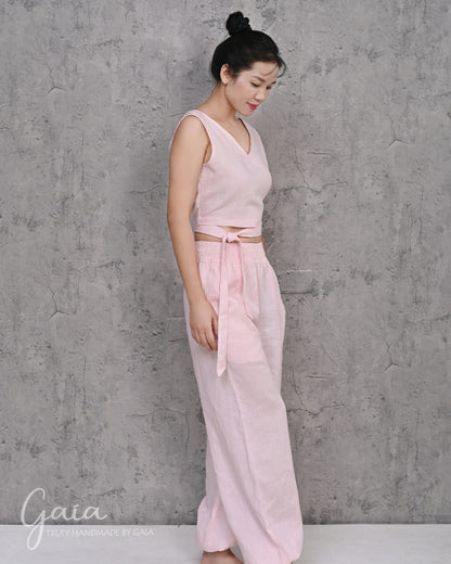 Linen wrap yoga top pink