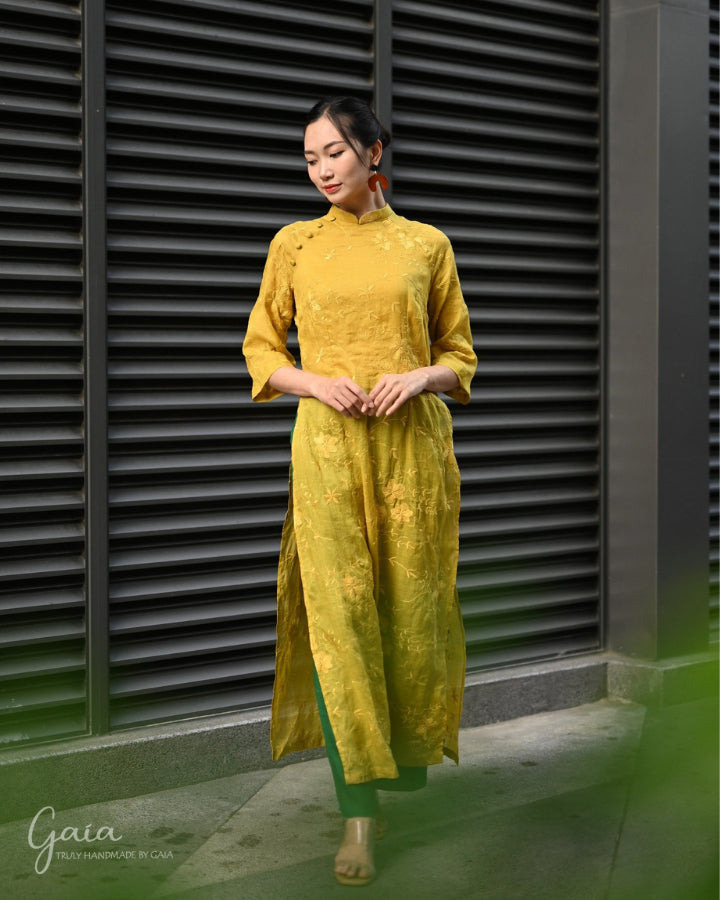 Linen yellow Vietnamese dress