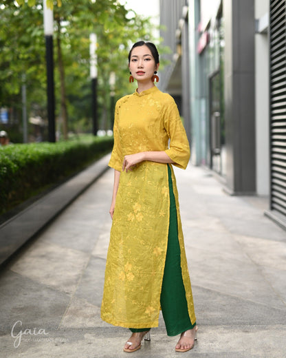 Linen yellow Vietnamese dress