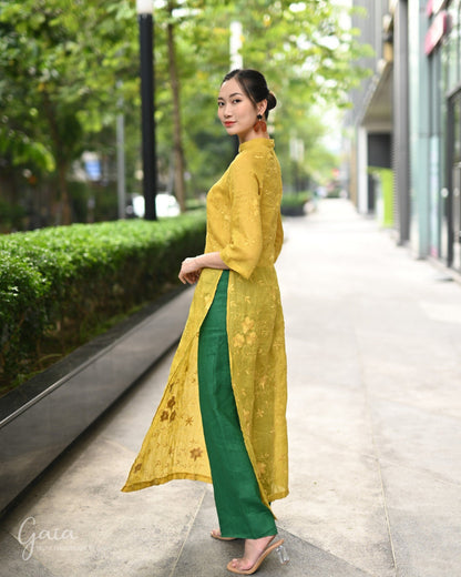 Linen yellow Vietnamese dress