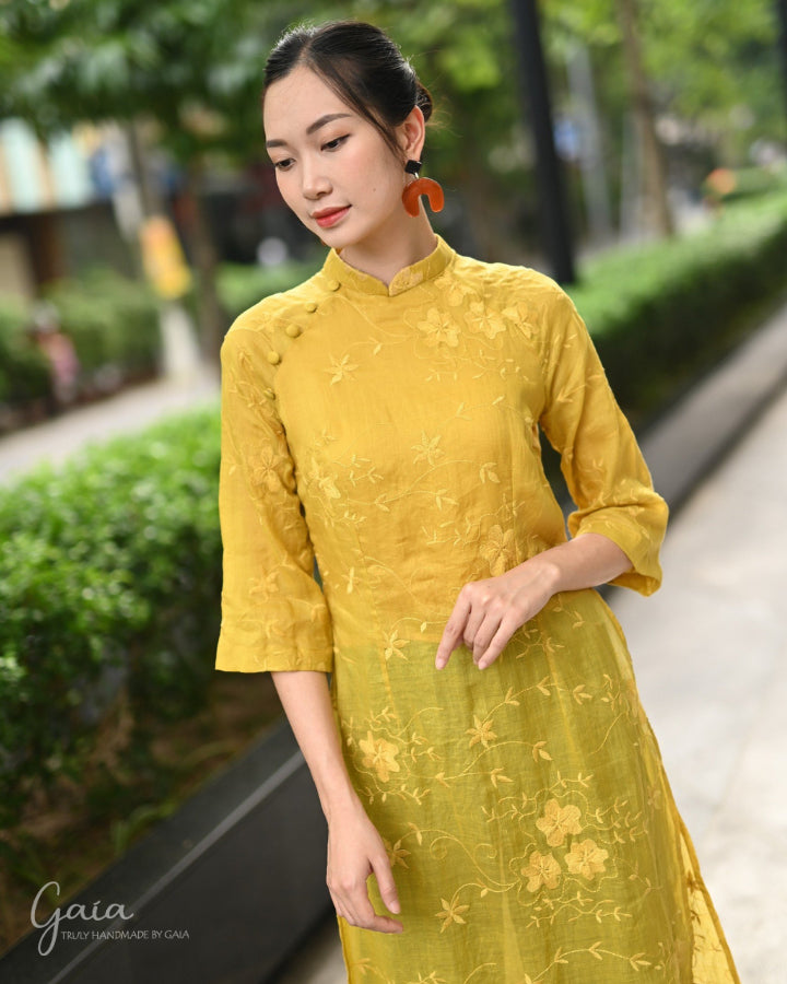 Linen yellow Vietnamese dress