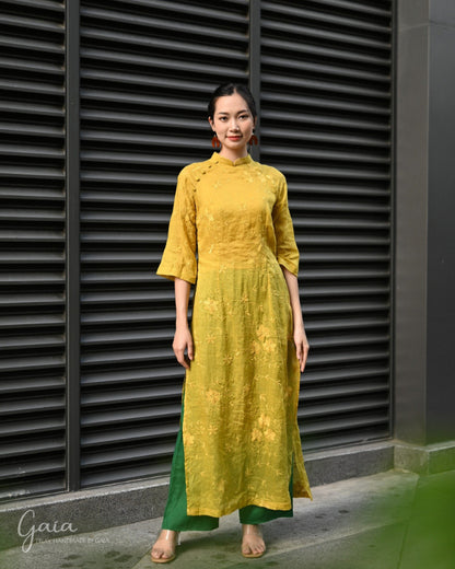 Linen yellow Vietnamese dress