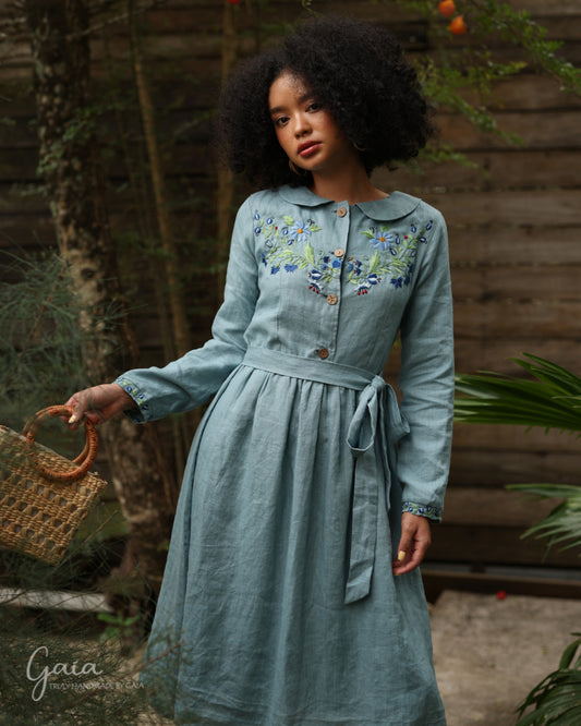 Linen long sleeve floral hand-embroidered dress